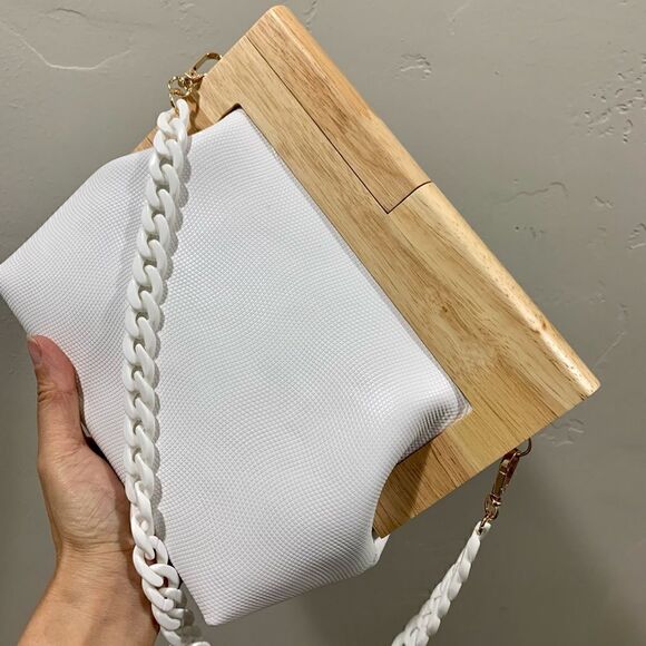 Handmade Genuine Cowhide Pattern Embossed Wooden Frame Purse & 2 Chain Styles - Picture 11 of 16